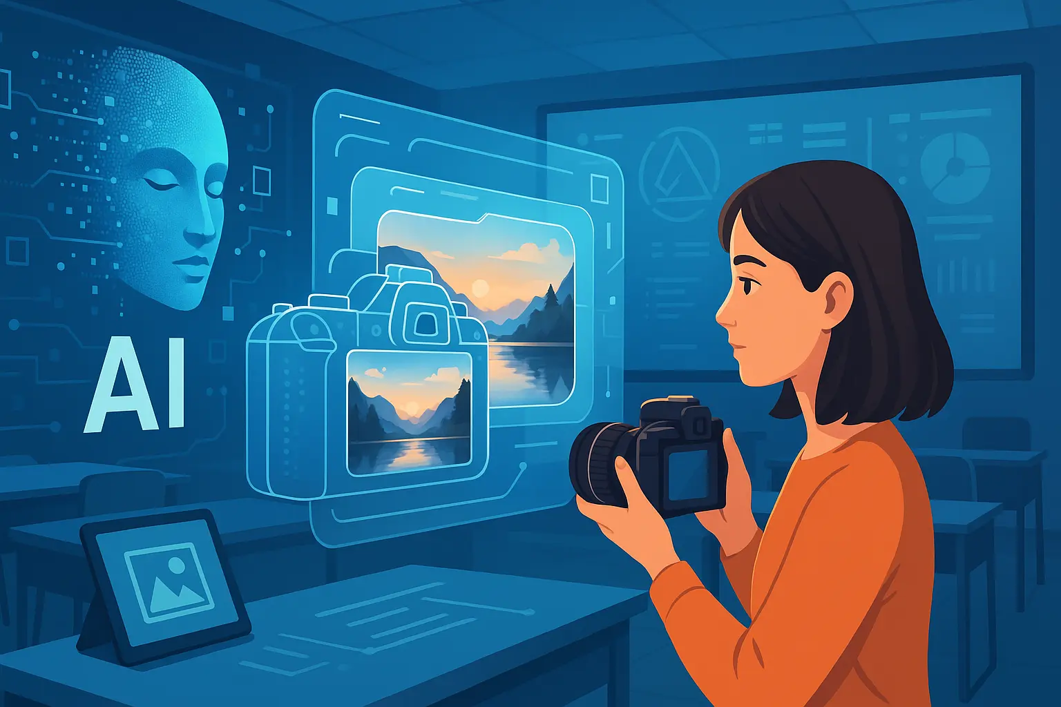 Innovazione nell'insegnamento della fotografia con AI e Realtà Aumentata Studenti che apprendono la fotografia utilizzando tecnologie AI e AR in un ambiente interattivo