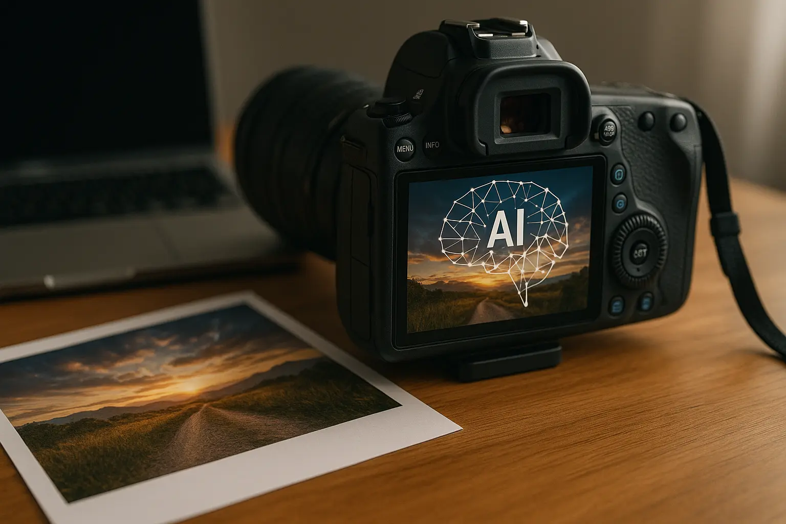 Apprendimento della fotografia con tecnologie innovative come AI e Realtà Aumentata Studenti che utilizzano tecnologie innovative per apprendere la fotografia, con dispositivi AR e AI in un ambiente interattivo.